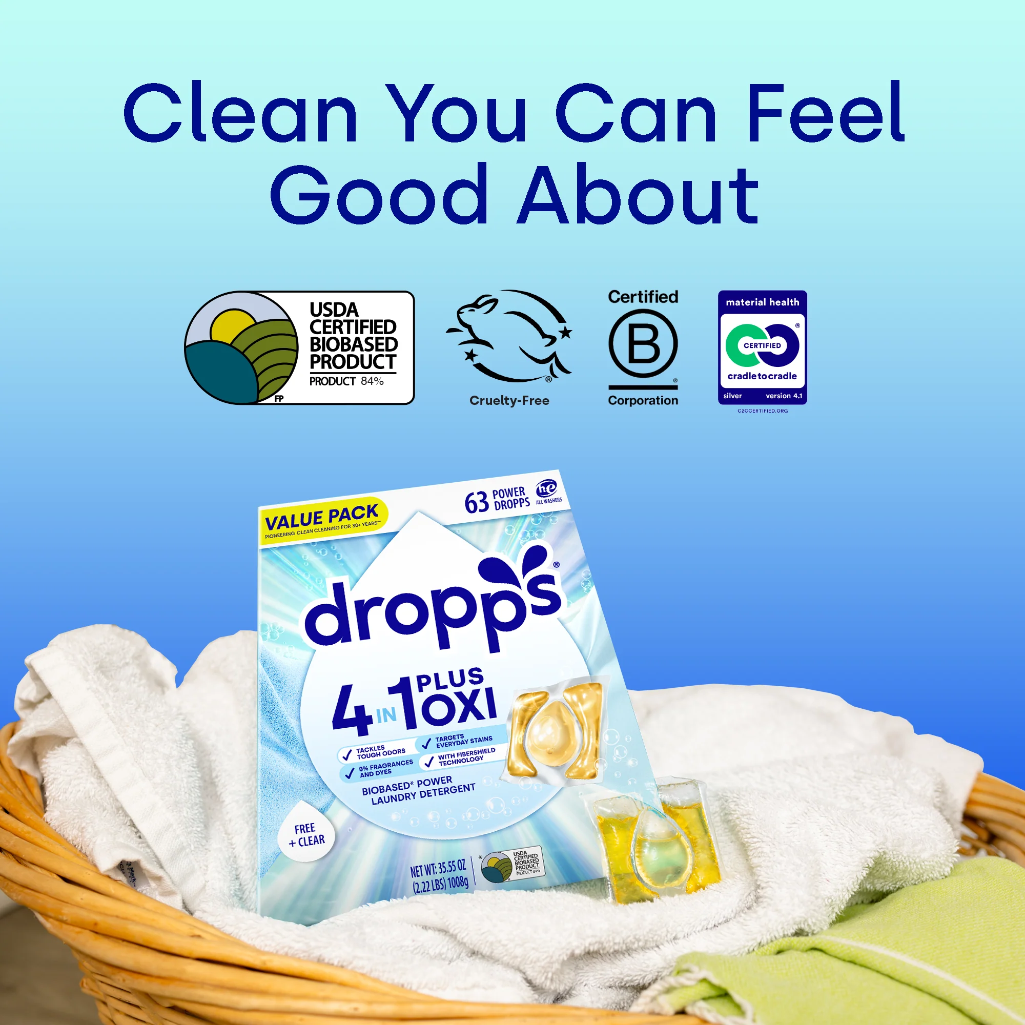 63 Count 4-in-1 Plus Oxi Biobased Power Laundry Detergent Pods, Unscented - Image 6
